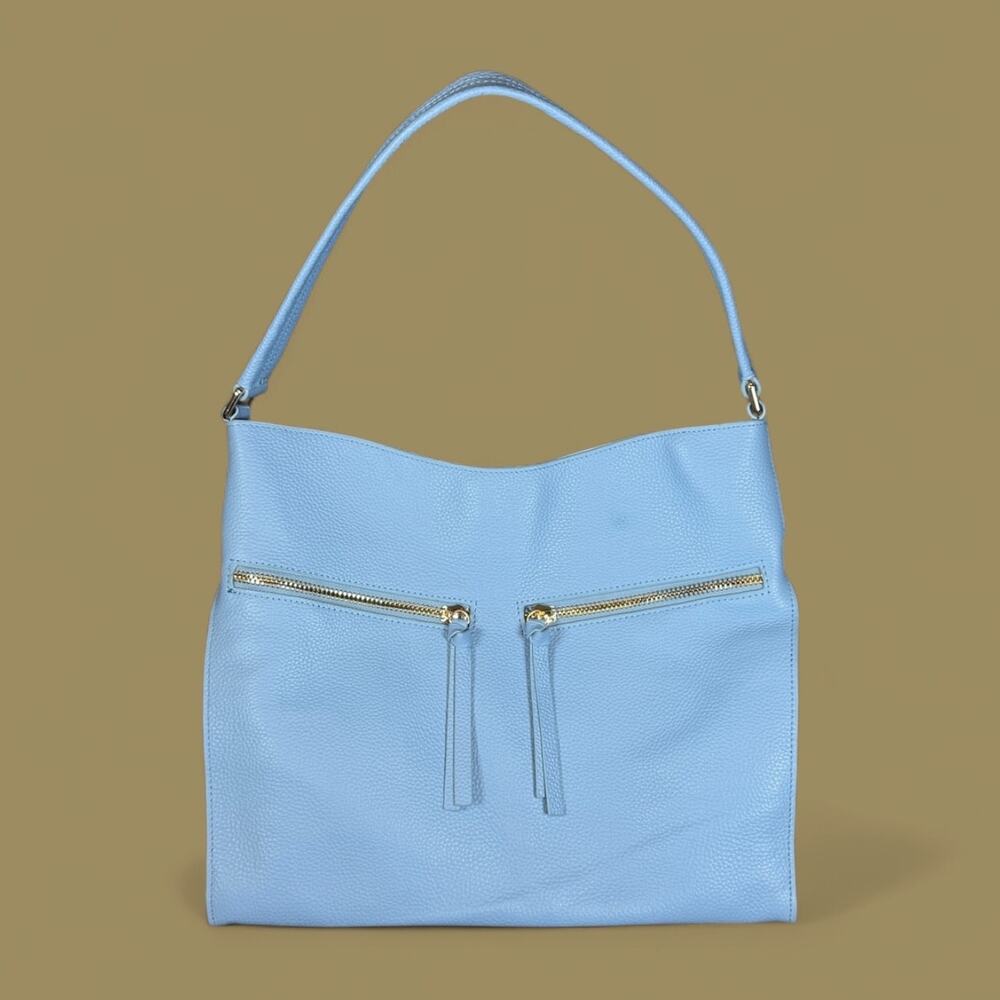 TOTE LE MONDE The Geneva Baby Blue Pebbled Leather Shoulder Tote Purse Bag
